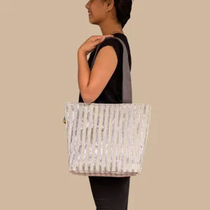 Silver Shimmery White Striped Upcycled Handwoven Shopper Tote (ST1224-007) PS_W