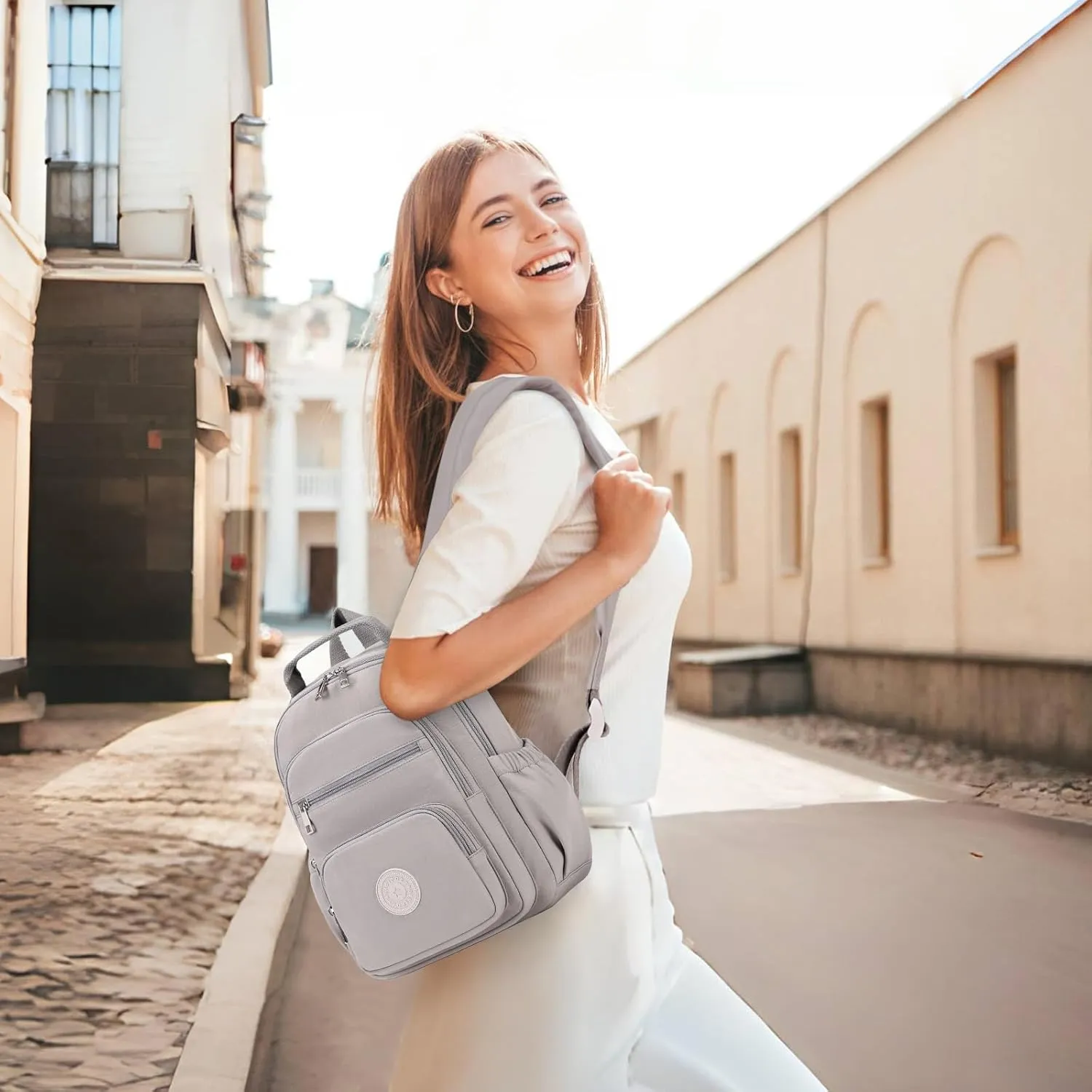 Small Backpack for Women, 2PCS Mini Backpack for Ladies Bookbag Purse for Women with Mini Wallet and Luggage Strap, Gray