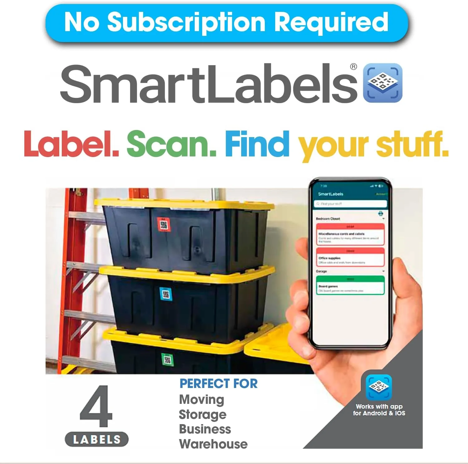 Smart Labels QR Code Stickers Pack of 4 (Starter Pack) Made in USA-QR Code Labels for Storage & Inventory Tracking, Storage Unit Organization,App Stickers for Inventory Organization & Moving Supplies