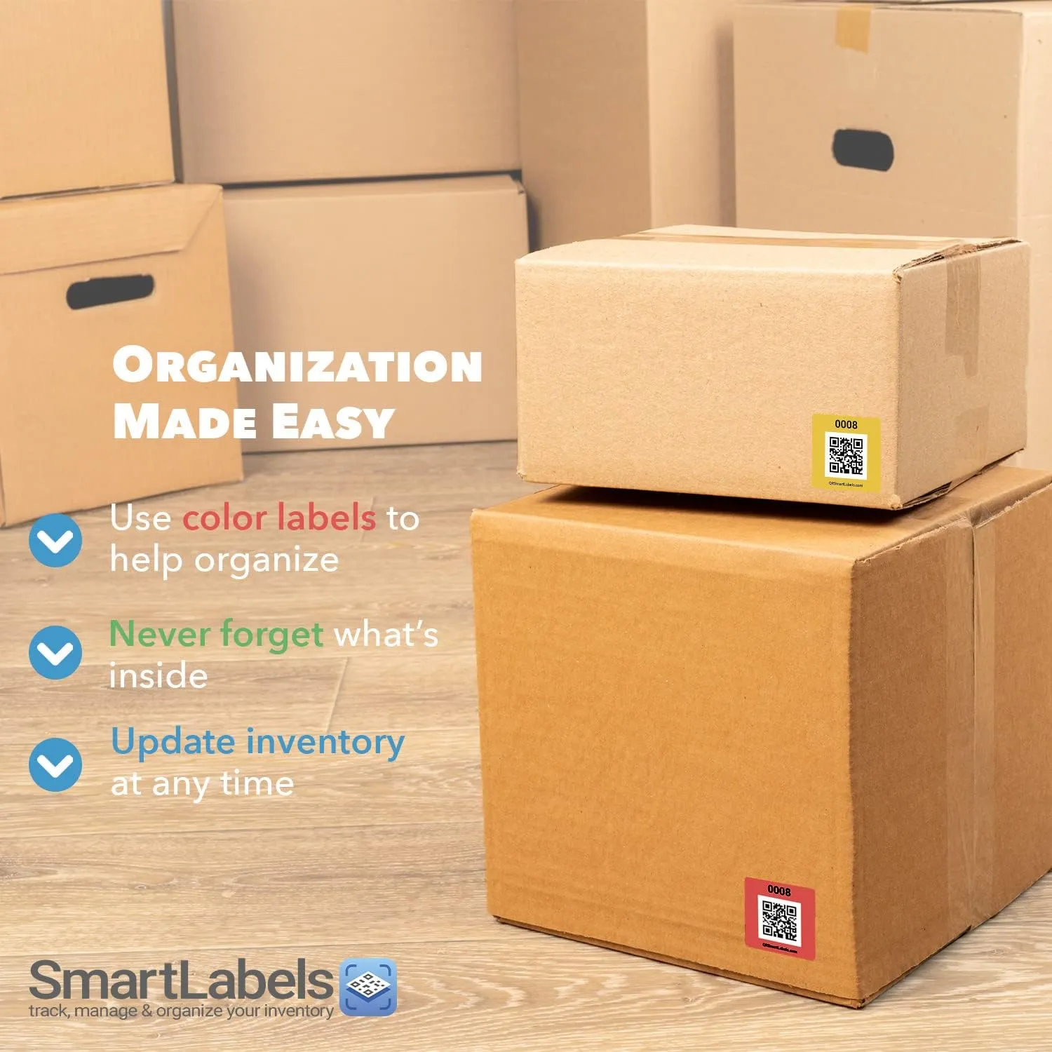 Smart Labels QR Code Stickers Pack of 4 (Starter Pack) Made in USA-QR Code Labels for Storage & Inventory Tracking, Storage Unit Organization,App Stickers for Inventory Organization & Moving Supplies
