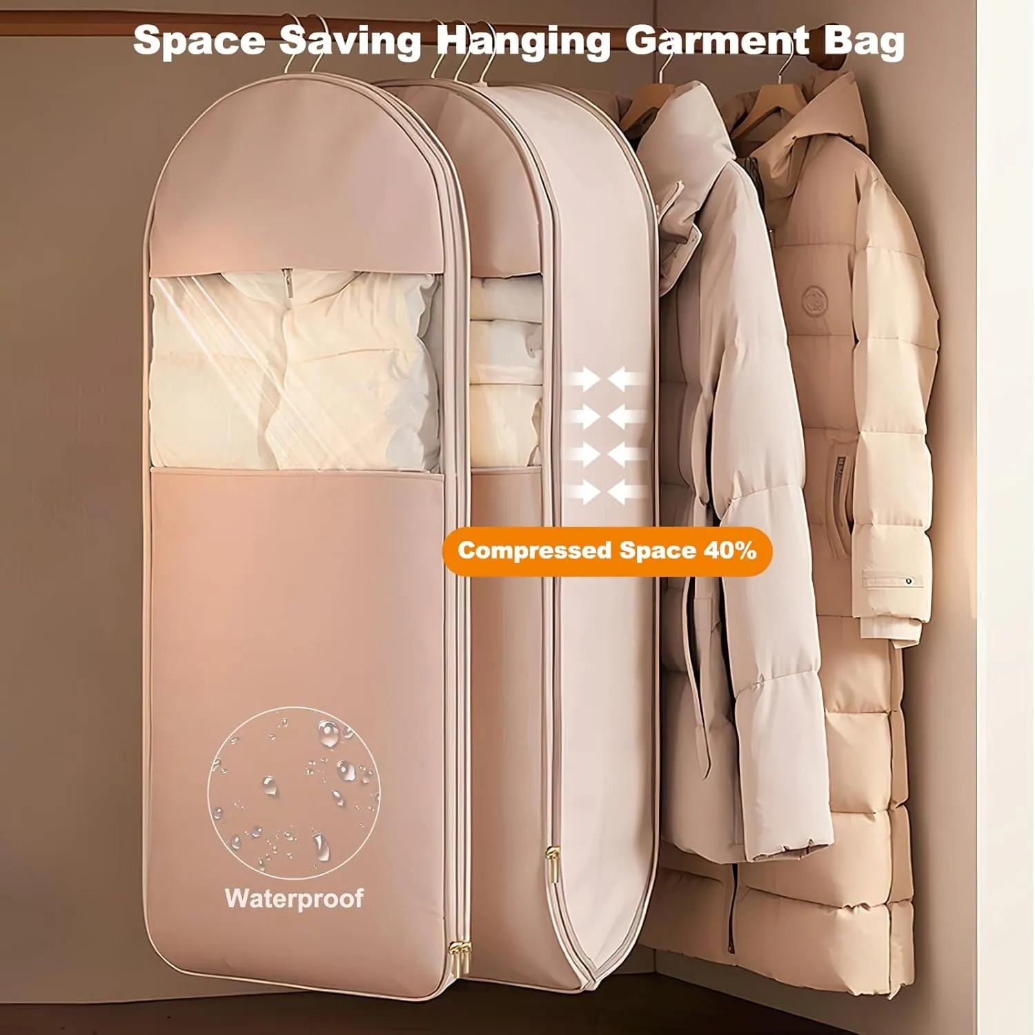 Space Saving Hanging Garment Bag with Self Compression Zipper,Dust Cover Clothes Bags for down Coat,Space Saver Closet Organizers,Garment Bag for Travel and Closet Storage (Pink, Large)