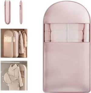 Space Saving Hanging Garment Bag with Self Compression Zipper,Dust Cover Clothes Bags for down Coat,Space Saver Closet Organizers,Garment Bag for Travel and Closet Storage (Pink, Large)