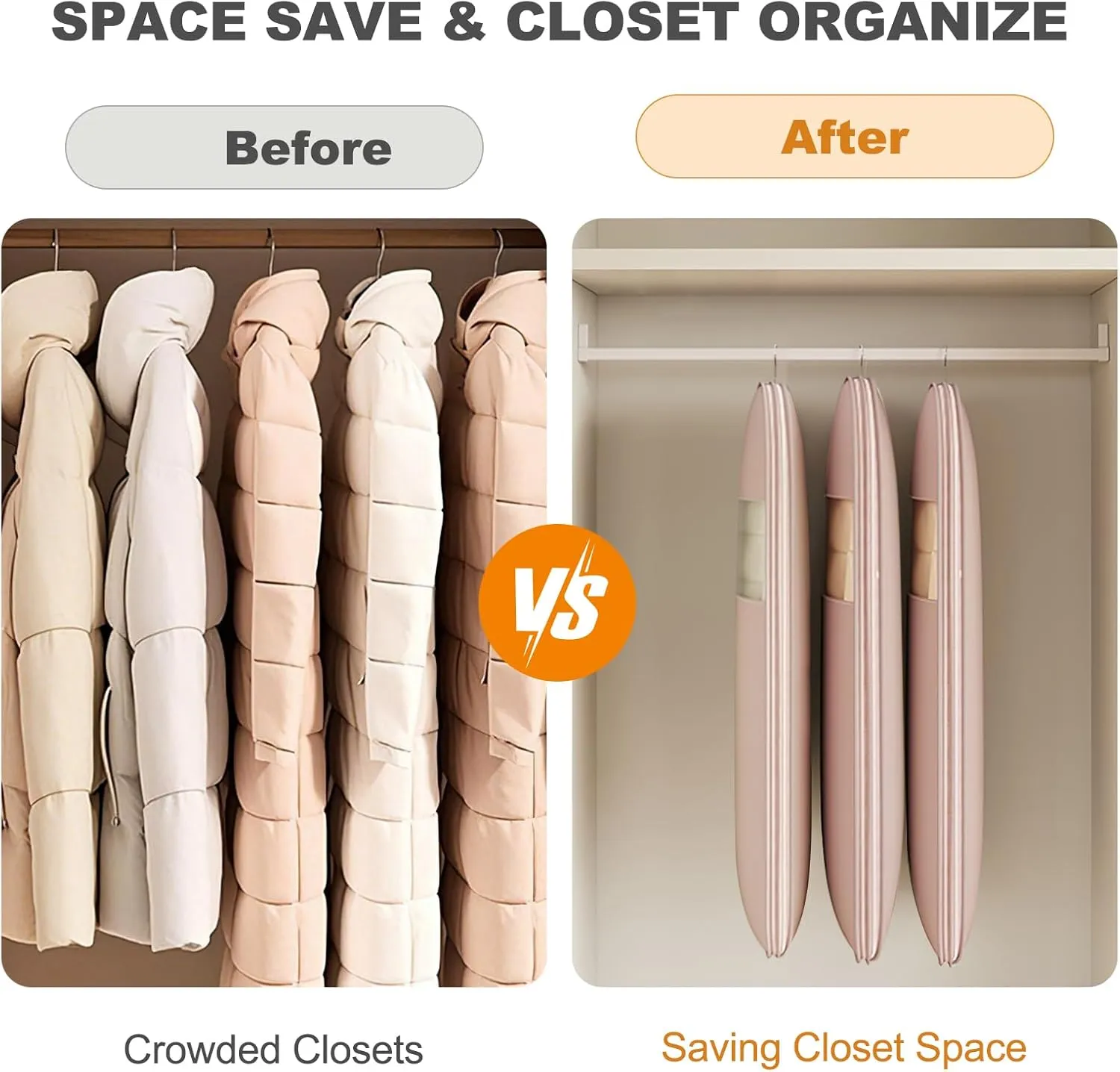 Space Saving Hanging Garment Bag with Self Compression Zipper,Dust Cover Clothes Bags for down Coat,Space Saver Closet Organizers,Garment Bag for Travel and Closet Storage (Pink, Large)