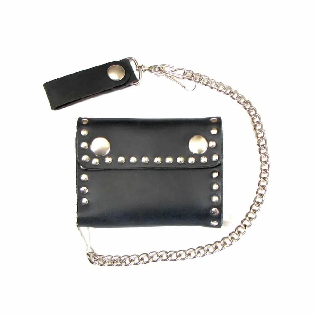Studded Bi-Fold Leather Wallet w/ Chain