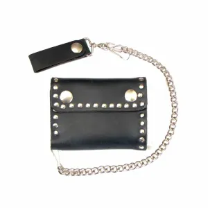 Studded Bi-Fold Leather Wallet w/ Chain