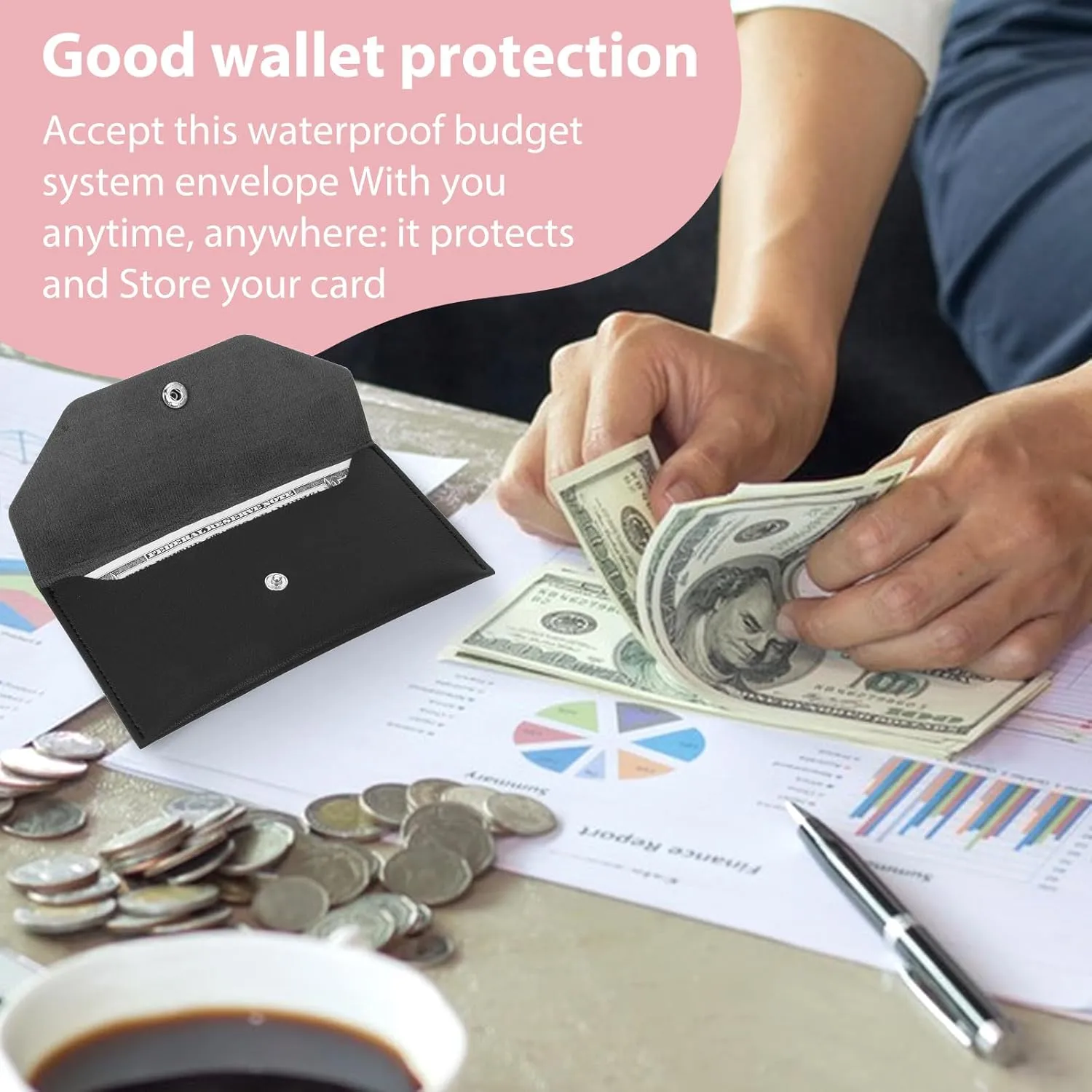 Teaaha Cash Wallet Genuine Leather Money Stuffing Wallets Organizer Reusable Budget Envelope Wallet Retro Clutch Wallets for Men Women Cash Check Billing, Minimalist Design (Black)