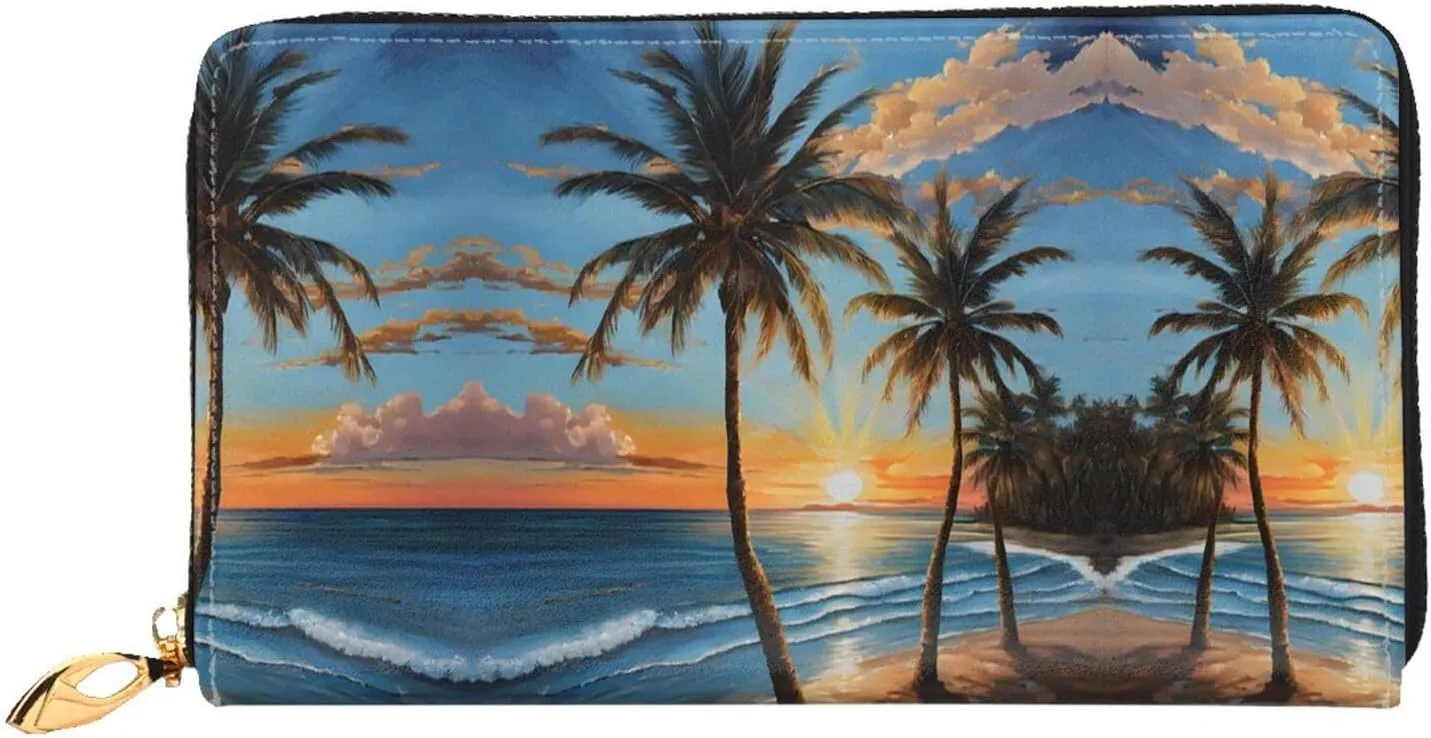 (Tropical Sunset) Print Women's Long Wallet Clutch with Zipper Multiple Card Slots Coin Pocket Elegant Ladies Purse