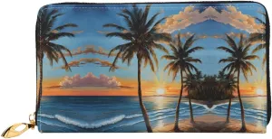 (Tropical Sunset) Print Women's Long Wallet Clutch with Zipper Multiple Card Slots Coin Pocket Elegant Ladies Purse