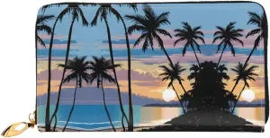 (Tropical Sunset) Print Women's Long Wallet Clutch with Zipper Multiple Card Slots Coin Pocket Elegant Ladies Purse