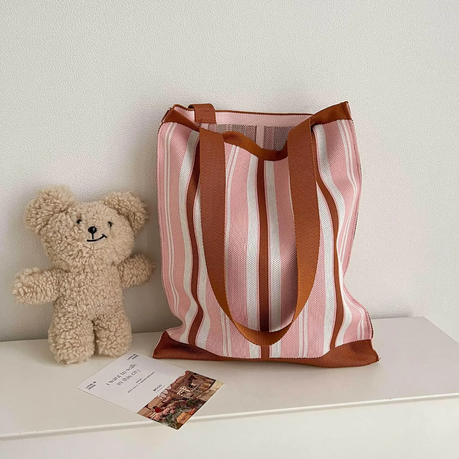 TTCAYU Knitted Shoulder Bag for Women Striped Checkered Handbag Summer Woven crochet beach Bag Purse for Shopping Travel