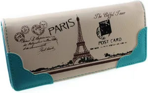 Vintage Style PU Leather Cute Paris Effiel Tower Cartoon Trifold Wallet Cash Coin Long Purse Card Holder for Women & Girls (Blue)