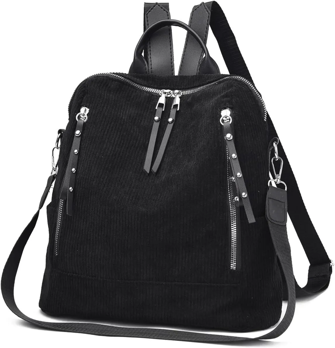 Womens Corduroy Casual Backpack Purse Convertible Travel Shoulder Bag with Wristlet Corduroy Wallet Handbag,Black