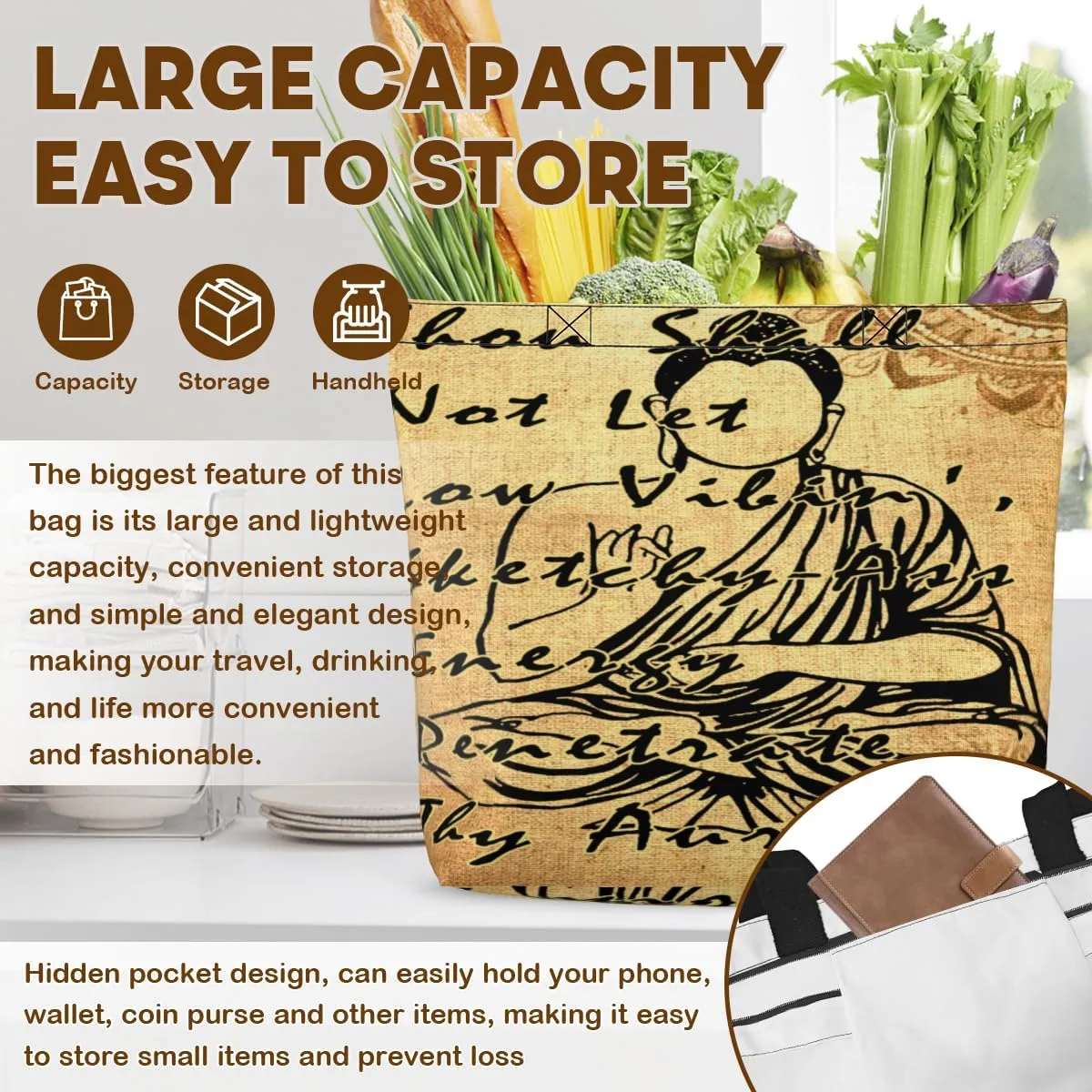 Women's Men Large Kitchen Reusable Grocery Bags Shoulder Bags With Zipper Beach Shopping Bag for Outdoors