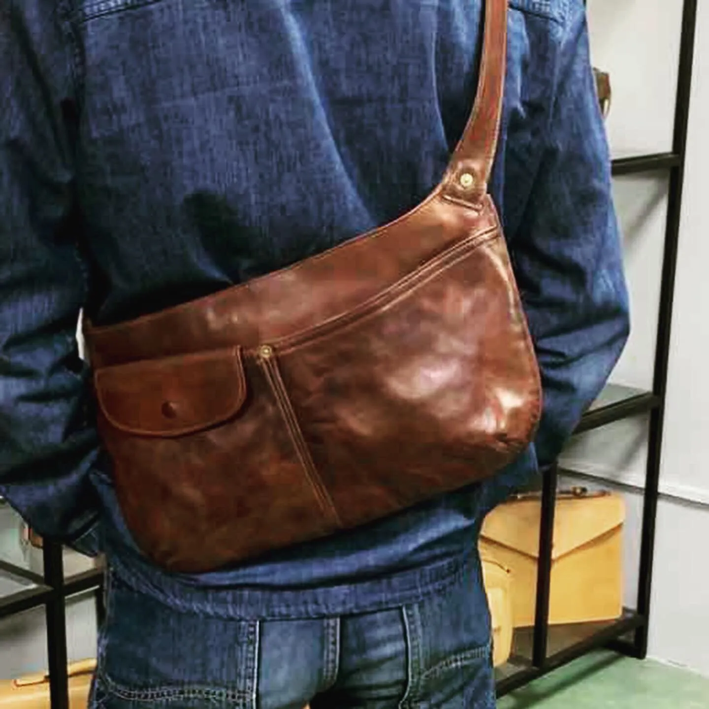 YAAGLE Genuine Leather Shoulder Sling Backpack Bag Unisex Outdoor Crossbody Sling Pack Sport Daypack YG8215