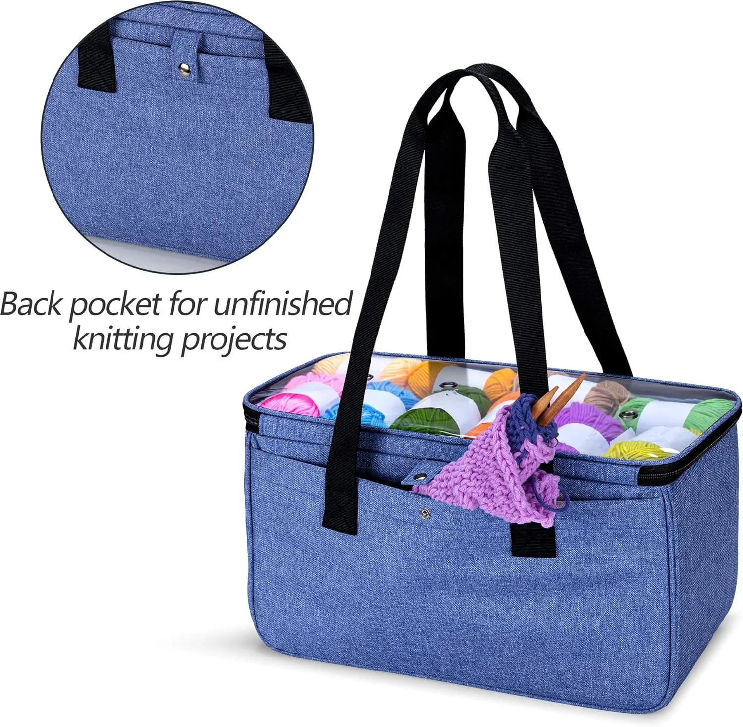 Yarwo Knitting Yarn Bag, Crochet Tote with Pocket for WIP projects, Knitting Needles(Up to 14) and Skeins of Yarn, Blue (Bag Only)