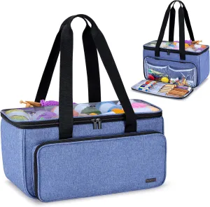 Yarwo Knitting Yarn Bag, Crochet Tote with Pocket for WIP projects, Knitting Needles(Up to 14) and Skeins of Yarn, Blue (Bag Only)