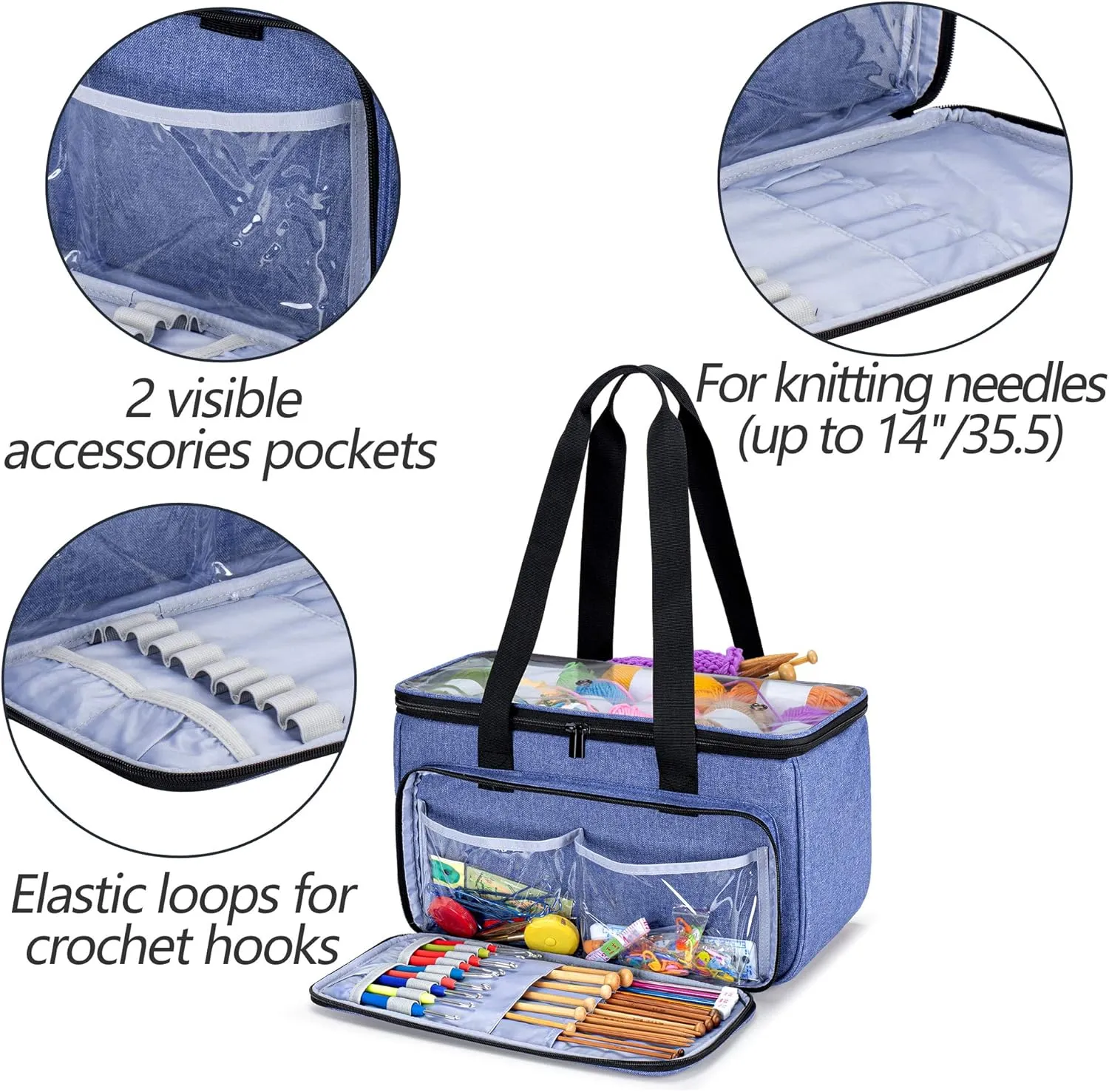 Yarwo Knitting Yarn Bag, Crochet Tote with Pocket for WIP projects, Knitting Needles(Up to 14) and Skeins of Yarn, Blue (Bag Only)