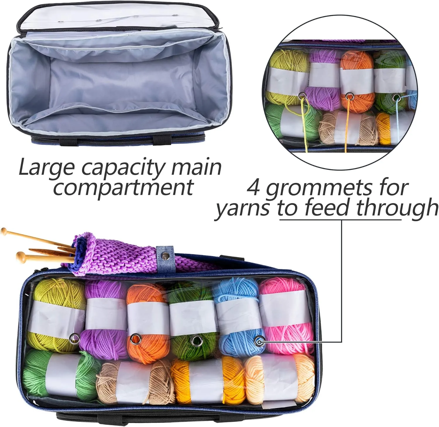 Yarwo Knitting Yarn Bag, Crochet Tote with Pocket for WIP projects, Knitting Needles(Up to 14) and Skeins of Yarn, Blue (Bag Only)