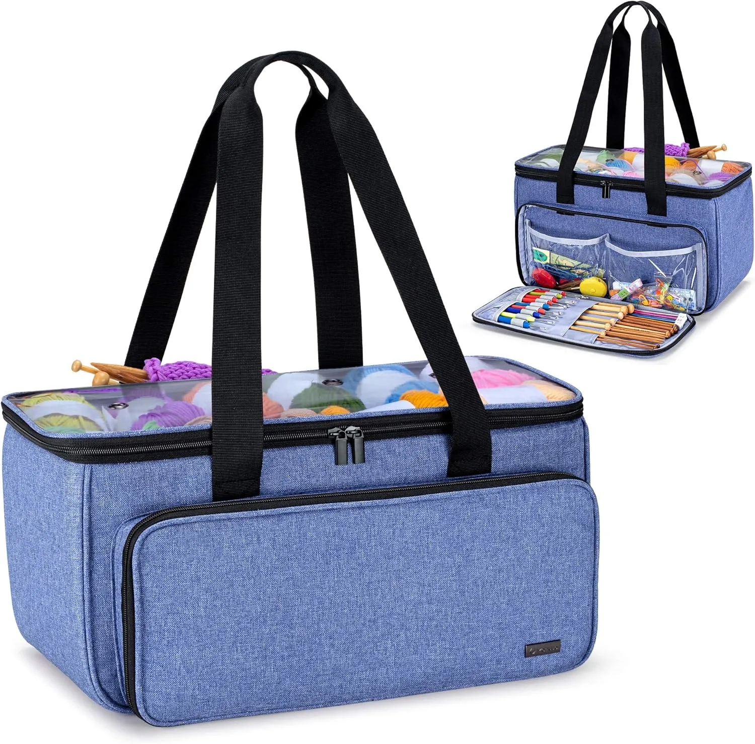 Yarwo Knitting Yarn Bag, Crochet Tote with Pocket for WIP projects, Knitting Needles(Up to 14) and Skeins of Yarn, Blue (Bag Only)