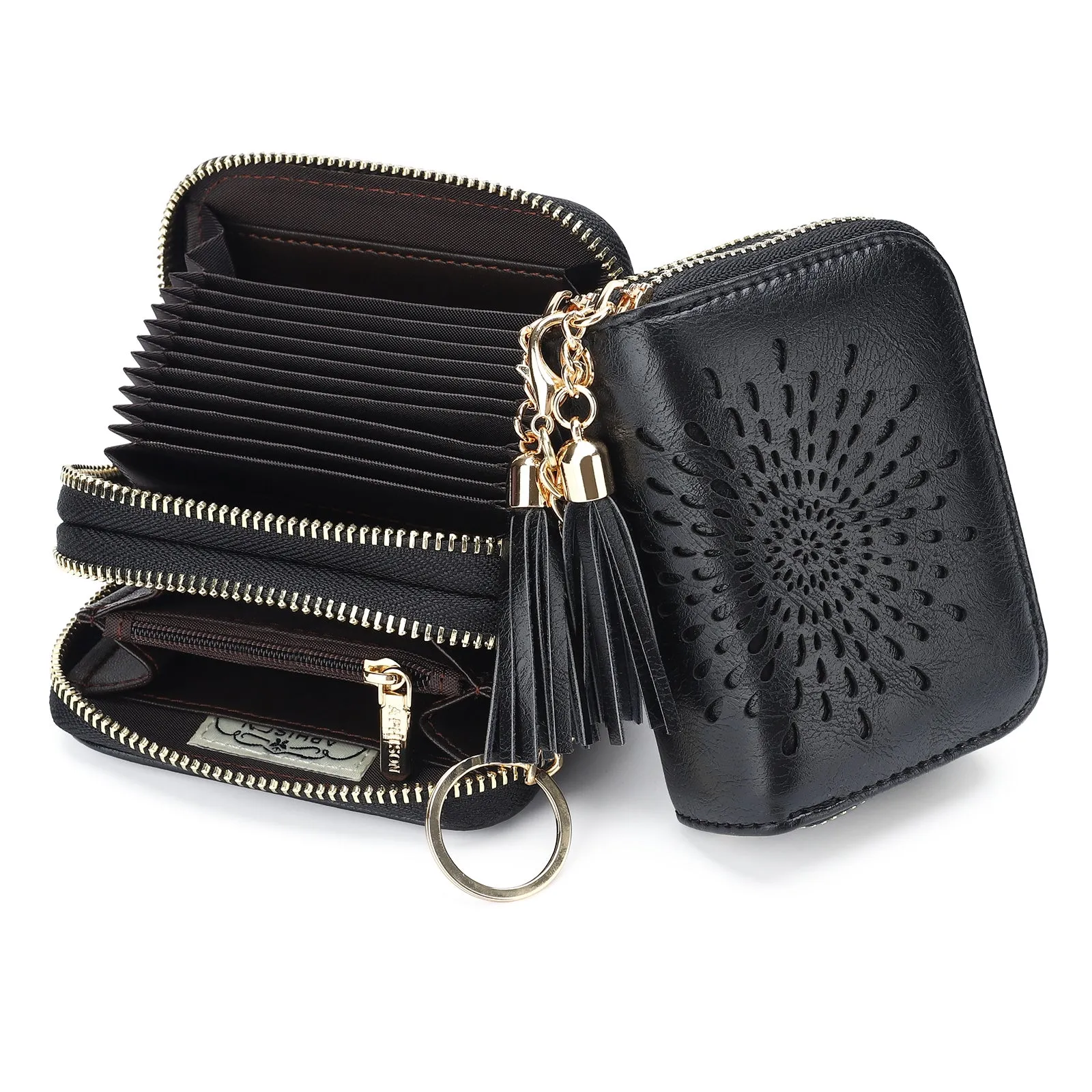Zipper Card Cases Holder for Women RFID Blocking KeyChain Wallet-Black Card Holder
