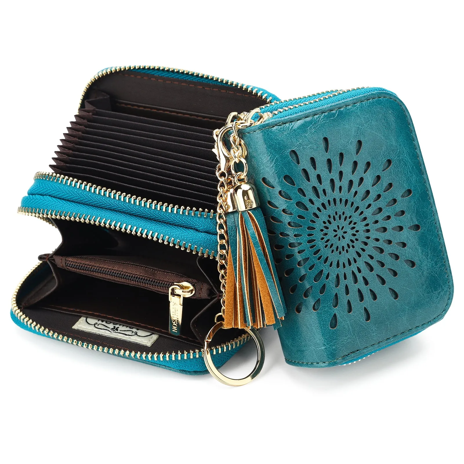 Zipper Card Cases Holder for Women RFID Blocking KeyChain Wallet-Peacock Blue Card Holder