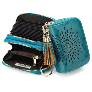 Zipper Card Cases Holder for Women RFID Blocking KeyChain Wallet-Peacock Blue Card Holder